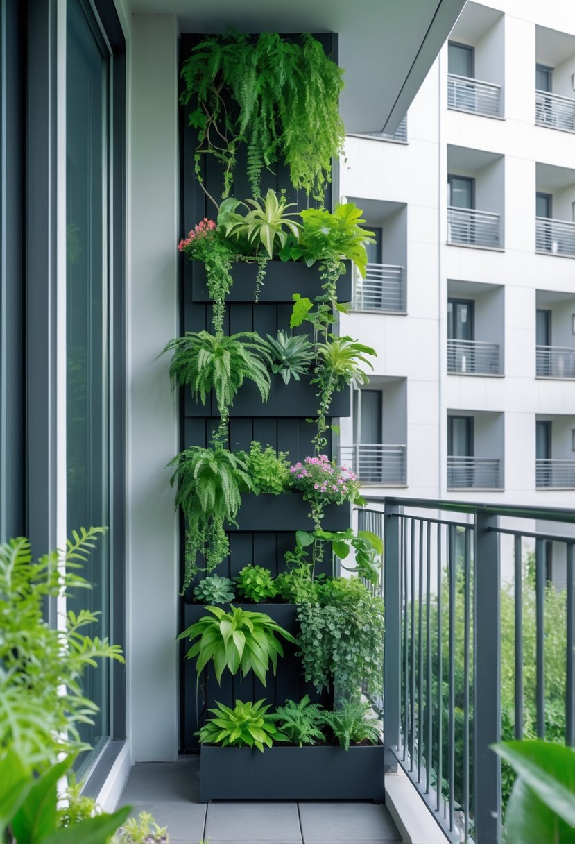 A small balcony with vertical planters filled with green plants, maximizing greenery without using floor space.
