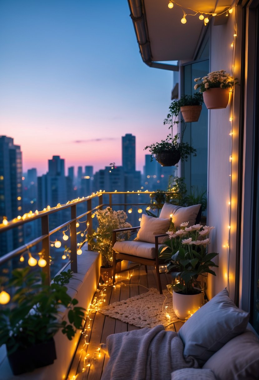 A balcony at dusk decorated with string lights, plants, and comfortable seating overlooking a city skyline.
