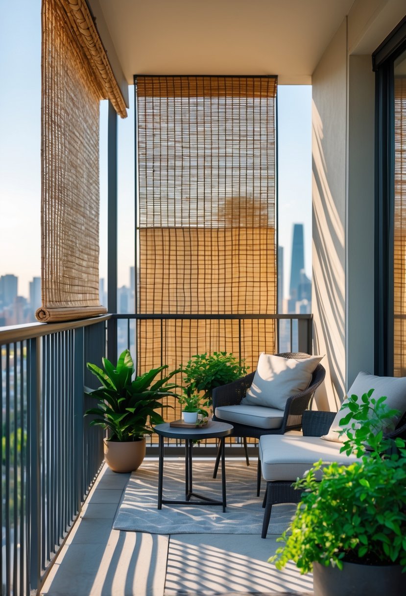 A balcony with bamboo shades, privacy screens, outdoor furniture, and plants creating a private and cozy outdoor space.