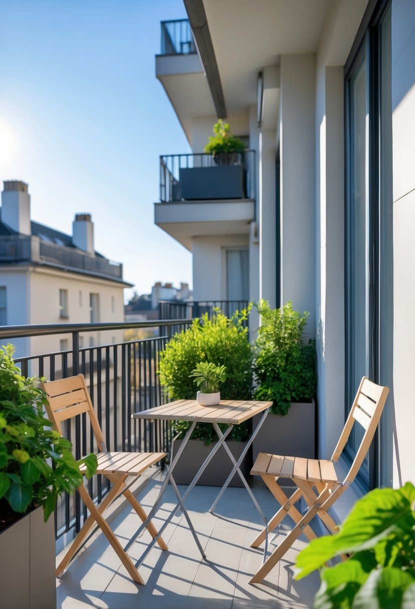 A balcony with foldable table and chairs neatly arranged alongside green plants and a city view in the background.