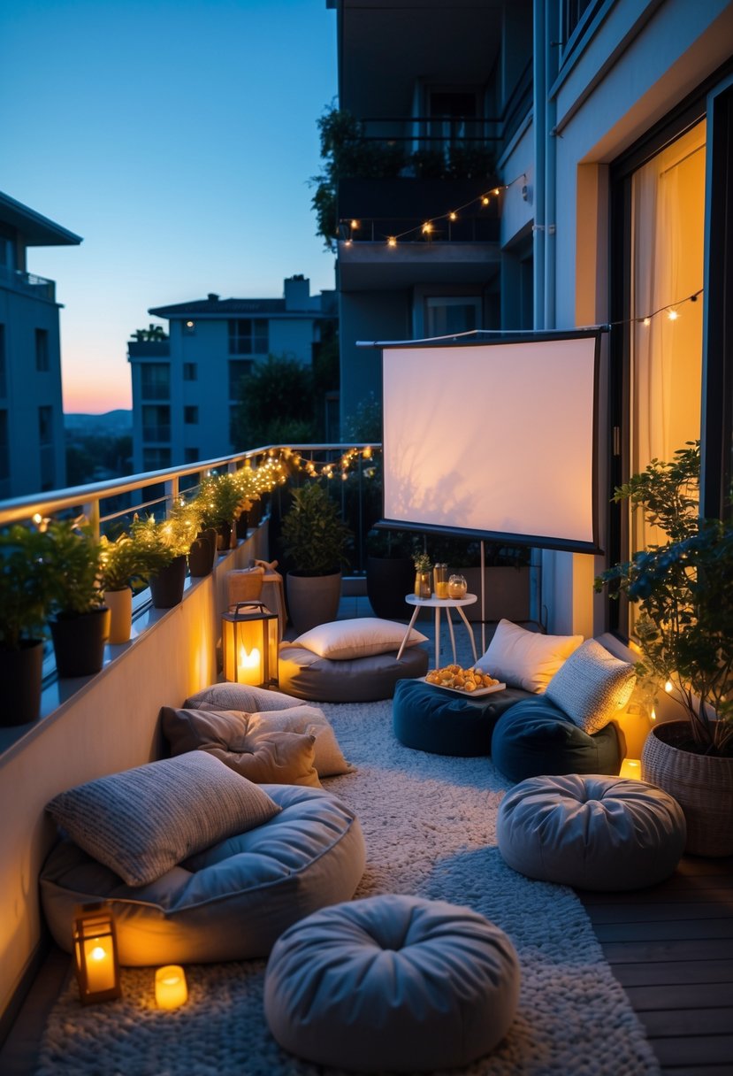A balcony with a portable projector displaying a movie on a screen, surrounded by comfortable floor seating with cushions and blankets, decorated with string lights and plants.