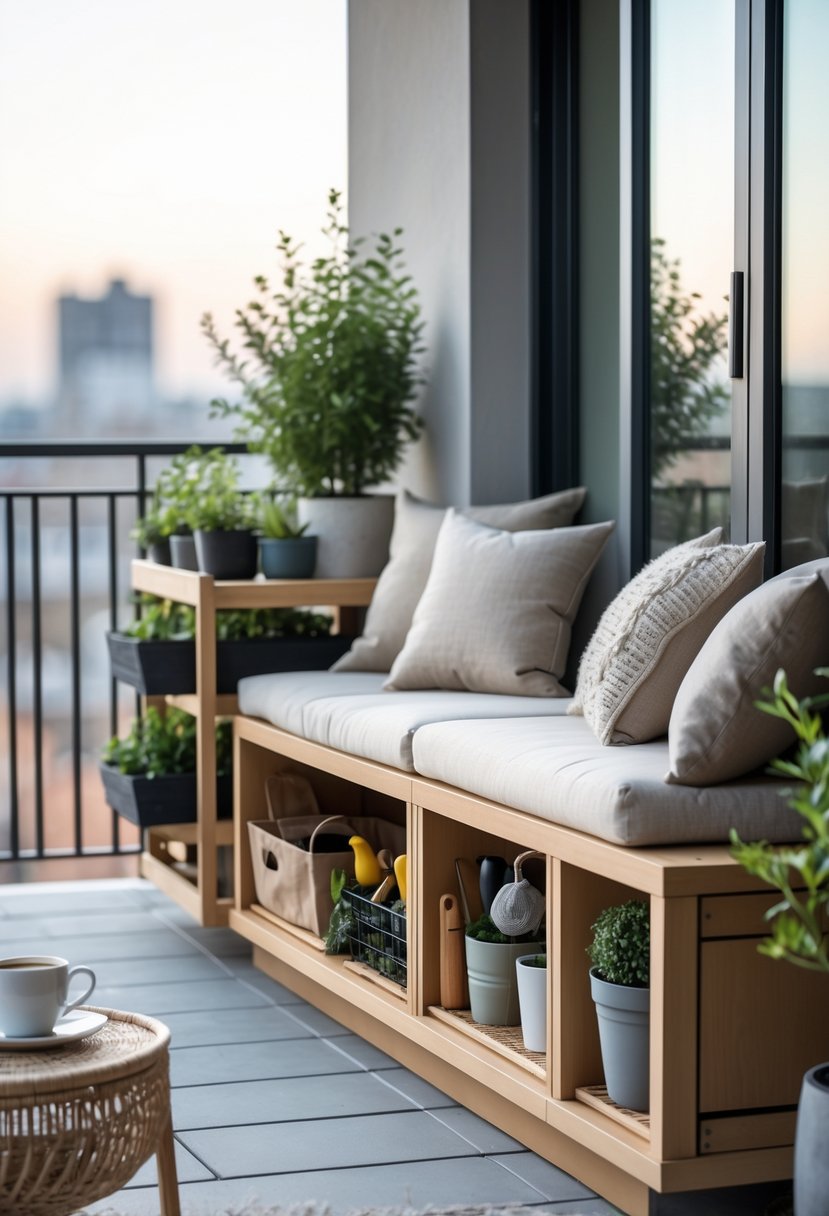 A balcony with a wooden bench that has built-in storage, decorated with cushions and plants, overlooking a city view.