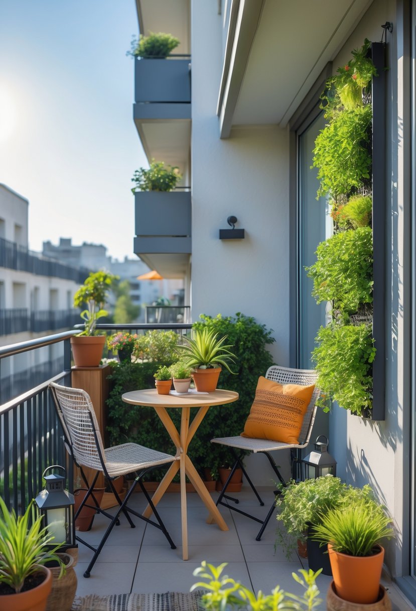 A small apartment balcony with a wooden table, chairs, and green plants arranged to maximize the space.