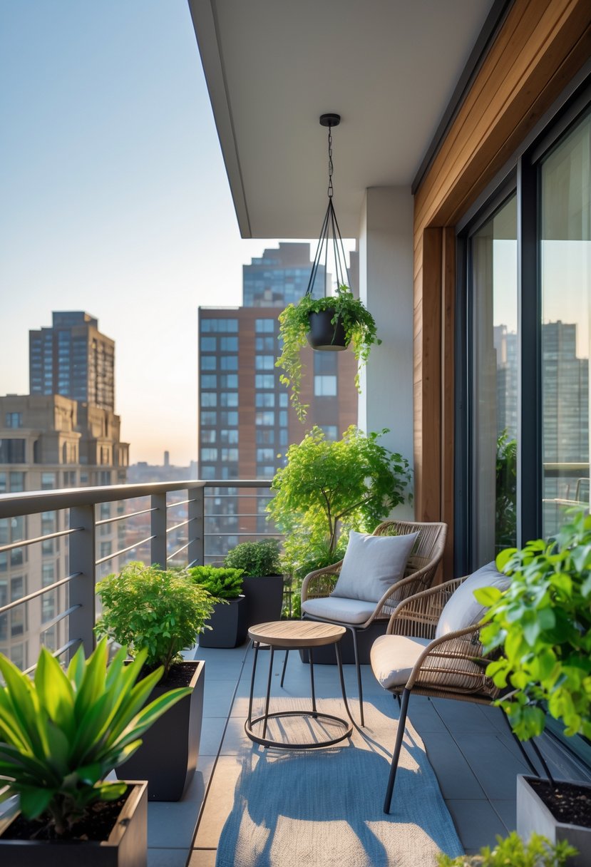 Apartment balcony with seating area, plants, and city buildings in the background.