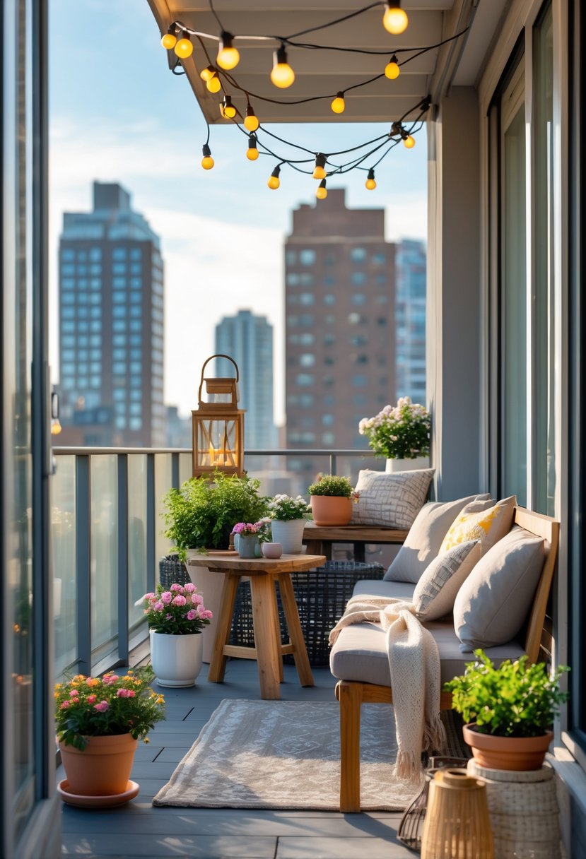 A modern apartment balcony with outdoor seating, plants, string lights, and city buildings in the background.