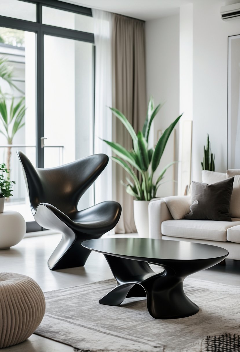 A bright living room with sculptural furniture pieces including a curved armchair and a unique coffee table, surrounded by plants and soft furnishings.