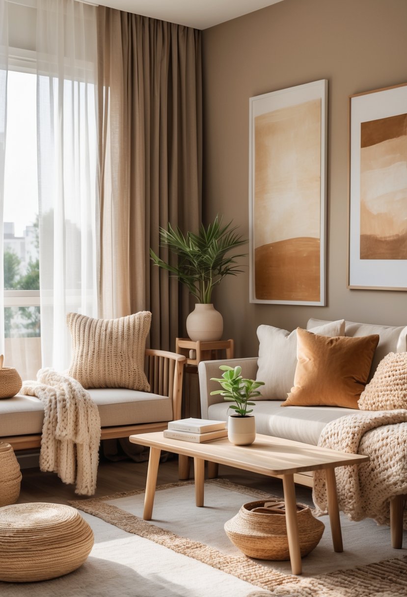 A cozy apartment living room with neutral-colored walls, wooden furniture, a sofa with pillows and a blanket, a coffee table with a plant and books, and soft natural light coming through large windows.
