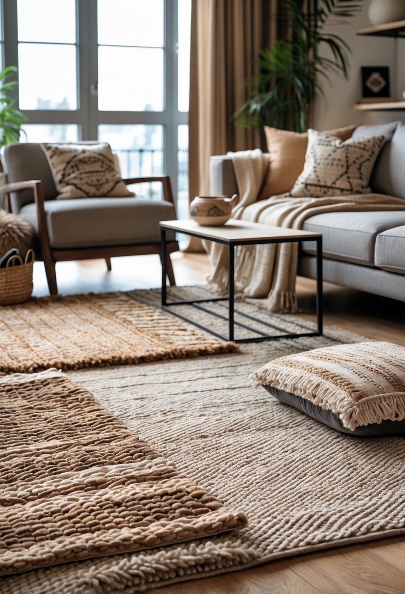 A cozy apartment living room with layered rugs on the floor and throws draped over a sofa, illuminated by natural light.