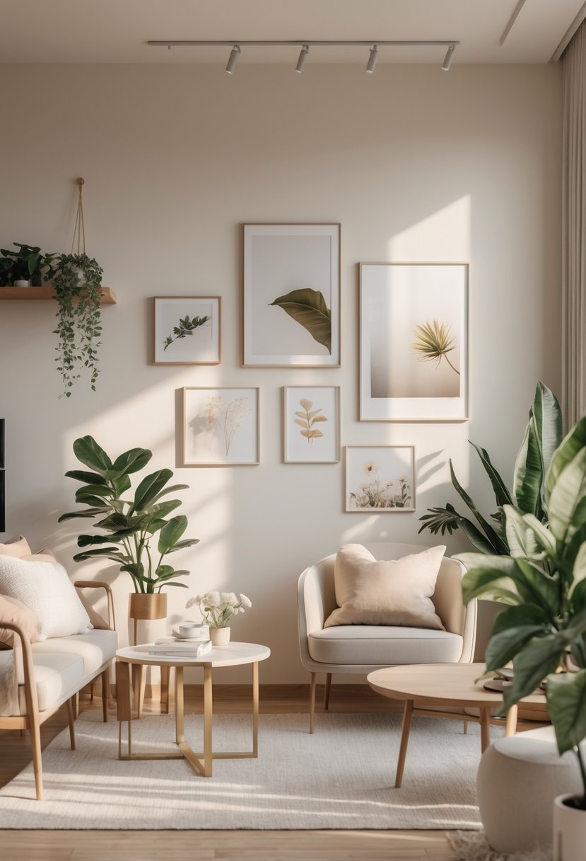 A cozy apartment living room with framed photos and art on the walls, modern furniture, plants, and warm natural light.