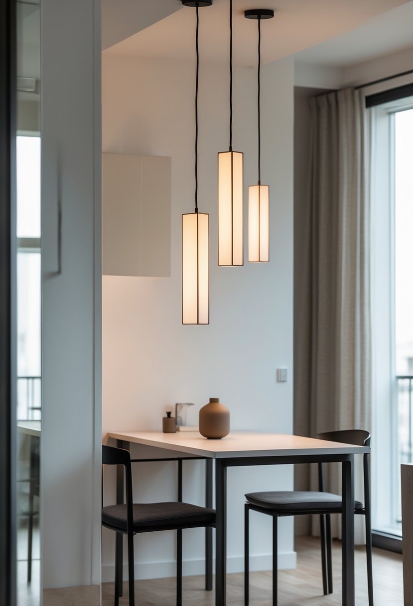 A modern apartment interior with minimalist pendant lights hanging above a dining table near large windows.