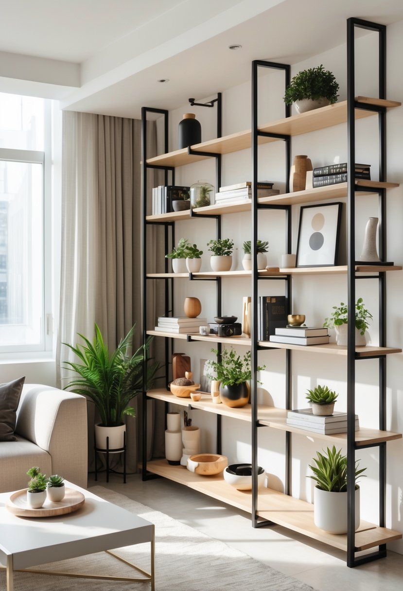 Open shelving unit in a living room displaying books, plants, and decorative objects with a sofa nearby.
