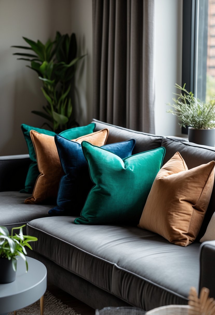 A living room corner with a modern sofa adorned with velvet and suede cushions in various colors, bathed in soft natural light.