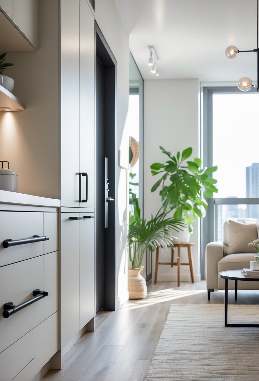 A bright apartment interior with matte black cabinet handles, door knobs, and light fixtures, featuring neutral furniture and indoor plants.