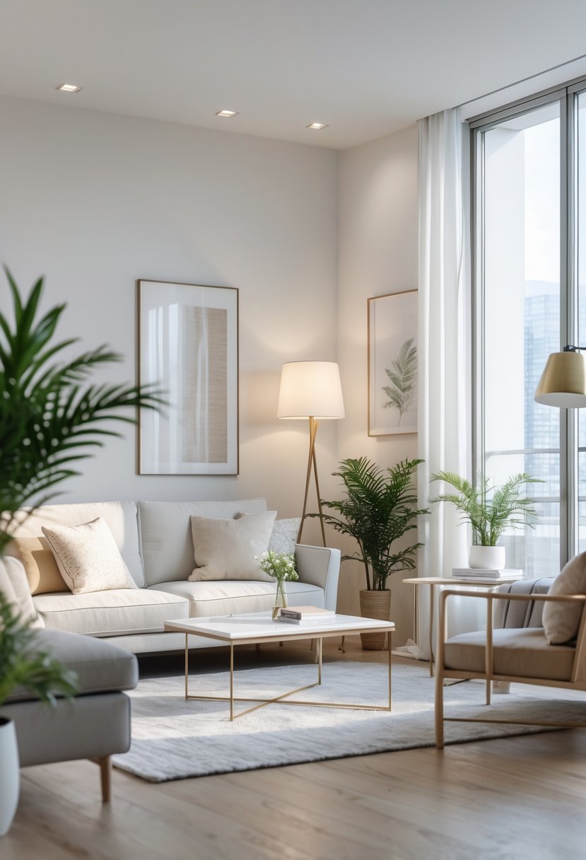 A bright and inviting living room with a sofa, coffee table, plants, and large windows letting in natural light.