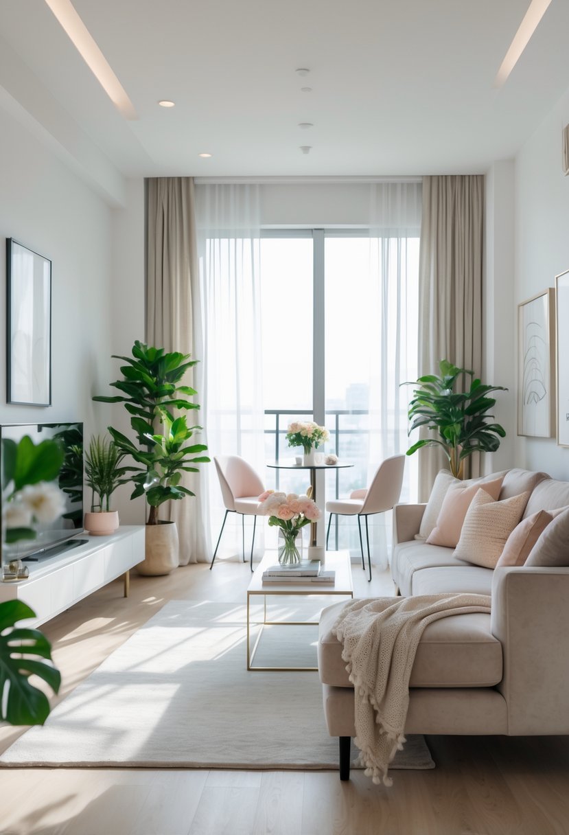 A bright, modern apartment living room with a sofa, coffee table, indoor plants, and large windows letting in natural light.