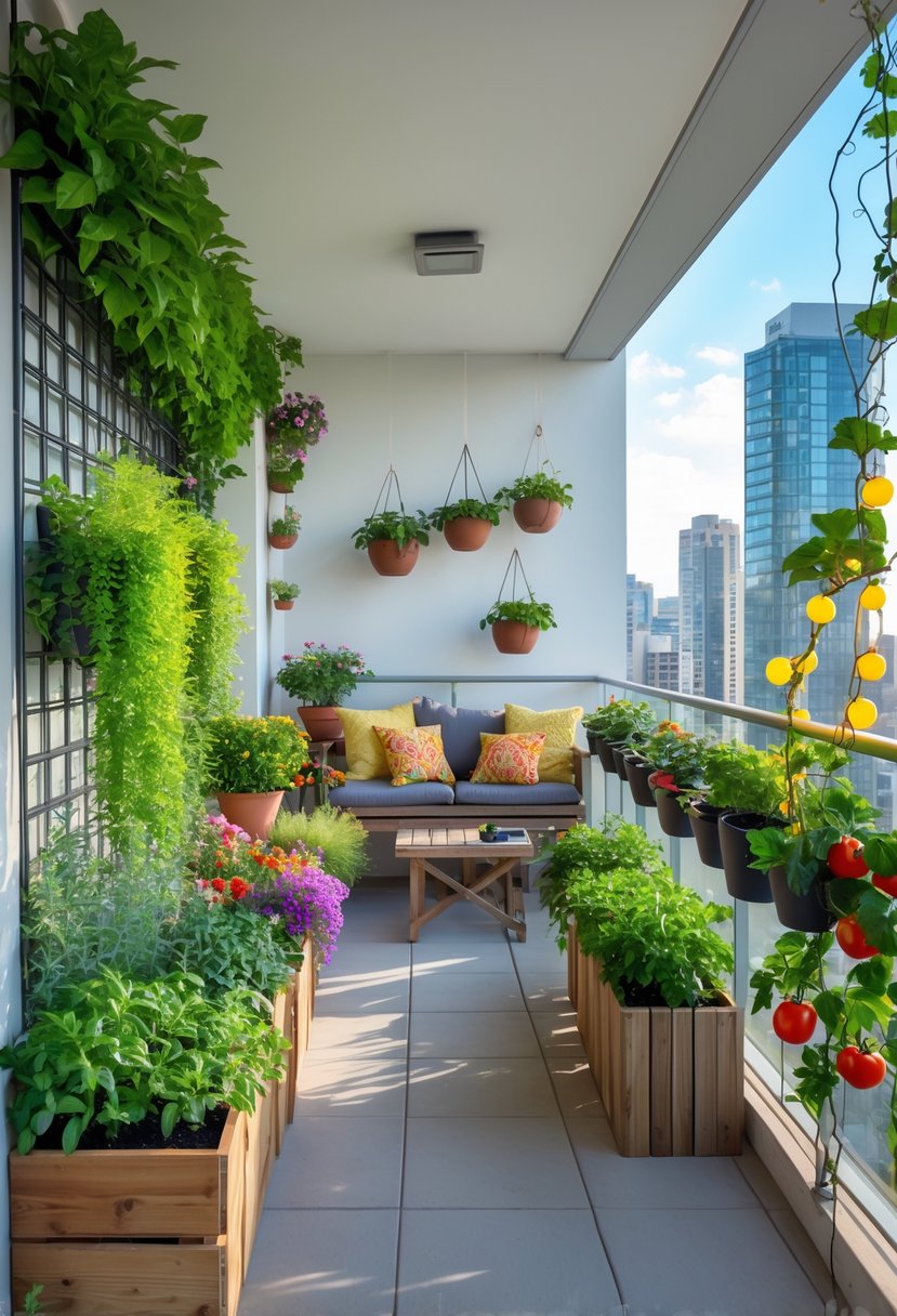 A balcony with seven different garden setups including potted flowers, herbs, vegetables, hanging plants, and a small seating area overlooking a city.