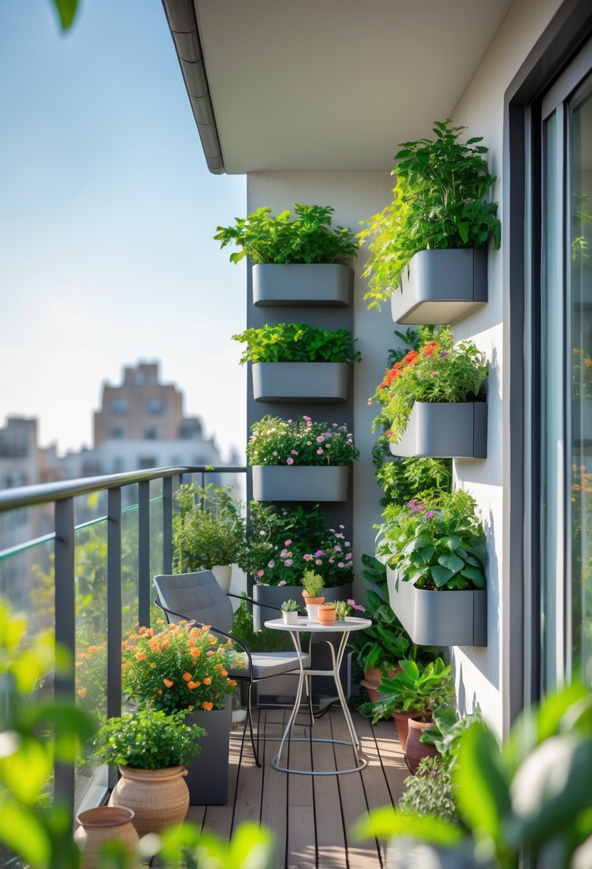 A balcony with vertical garden planters filled with green plants and flowers, outdoor furniture, and a city background.