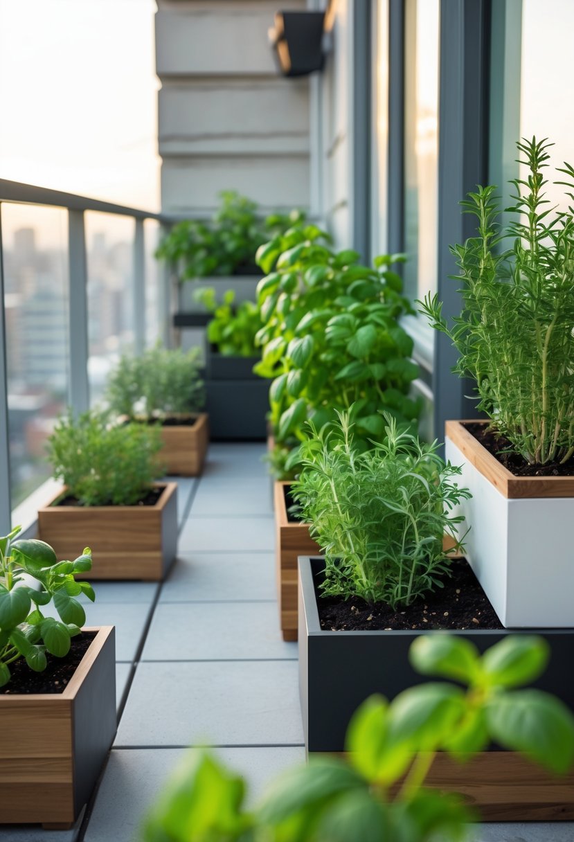 A balcony with seven compact herb garden boxes filled with various green herbs overlooking a cityscape.