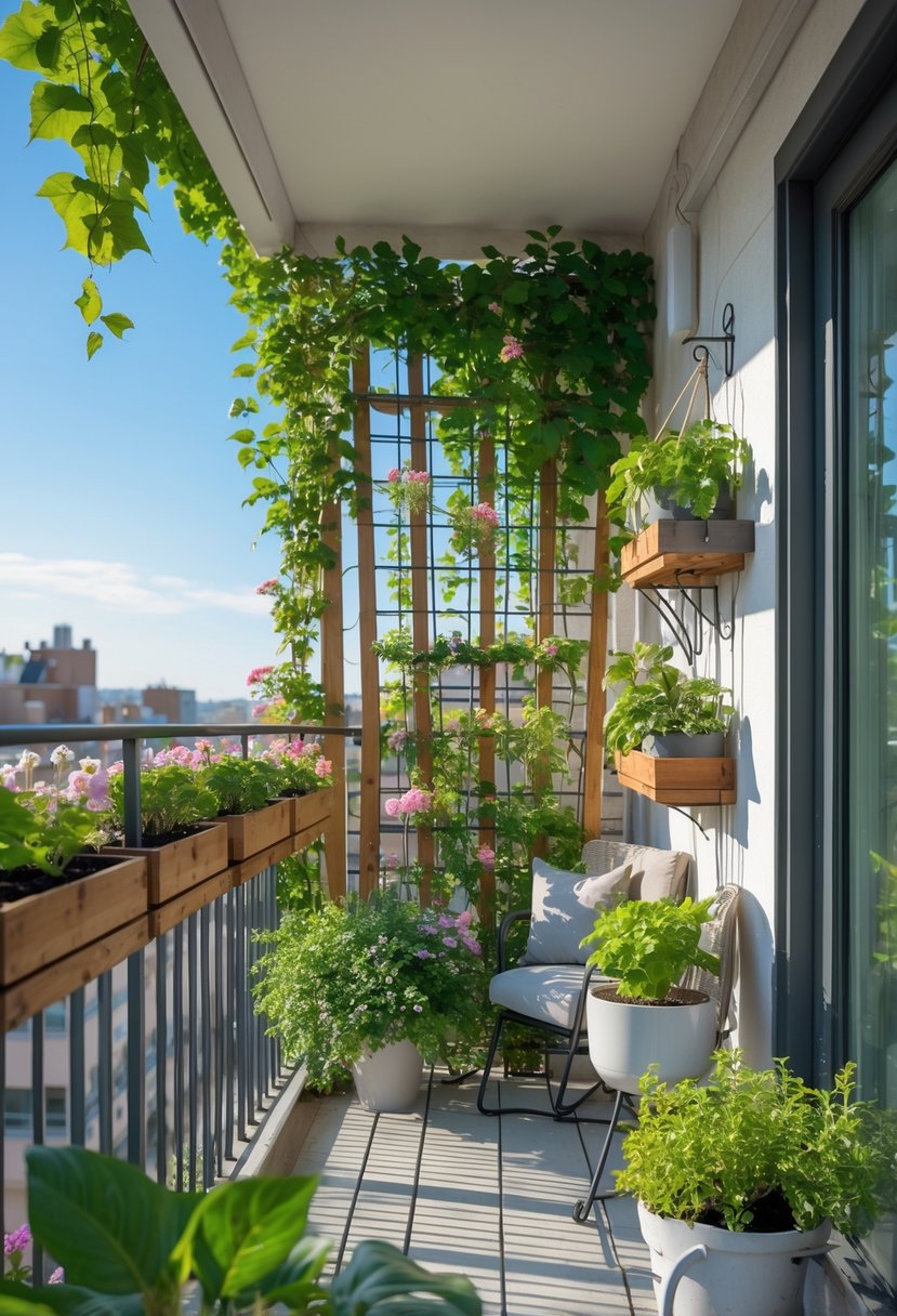 A balcony garden with climbing plants growing on trellises, surrounded by potted plants and outdoor furniture.