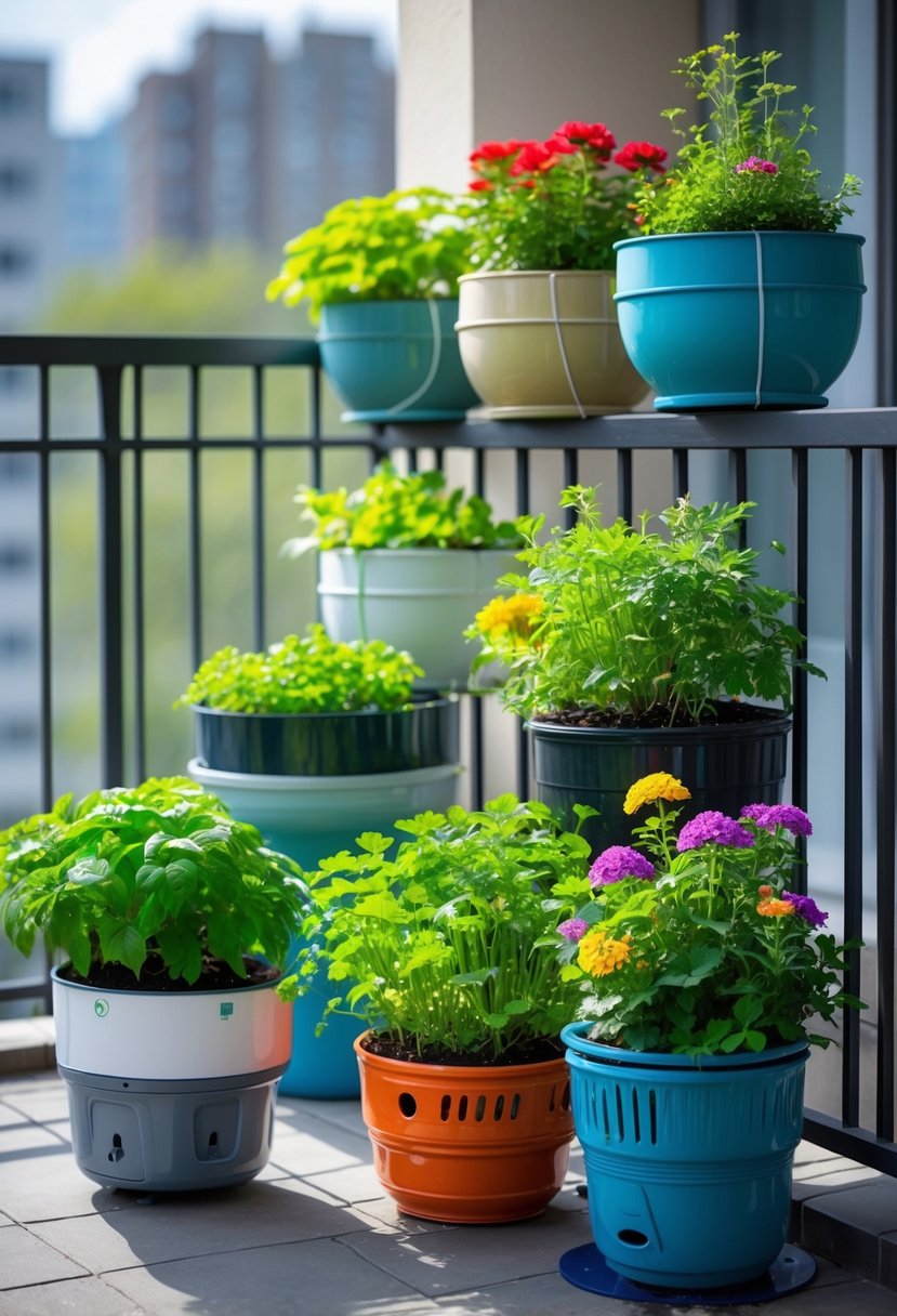 A balcony garden with seven self-watering containers holding various green plants and colorful flowers in sunlight.