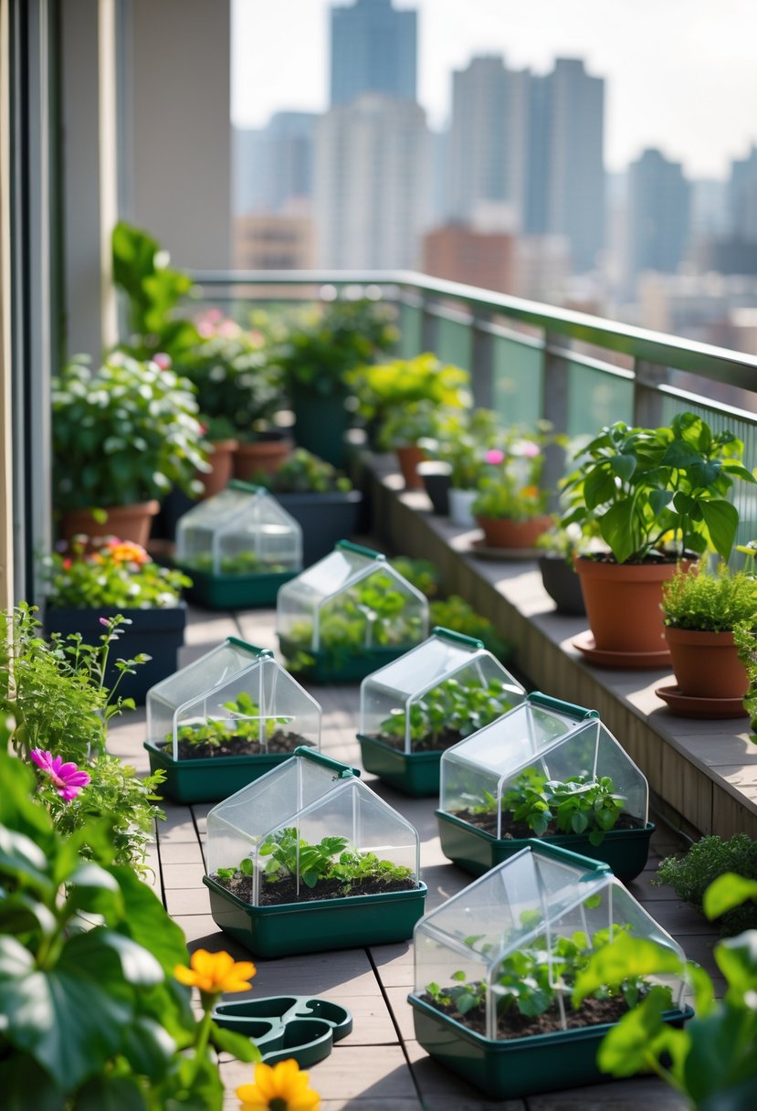A balcony garden with seven mini greenhouses containing various plants and flowers, surrounded by gardening tools and greenery.
