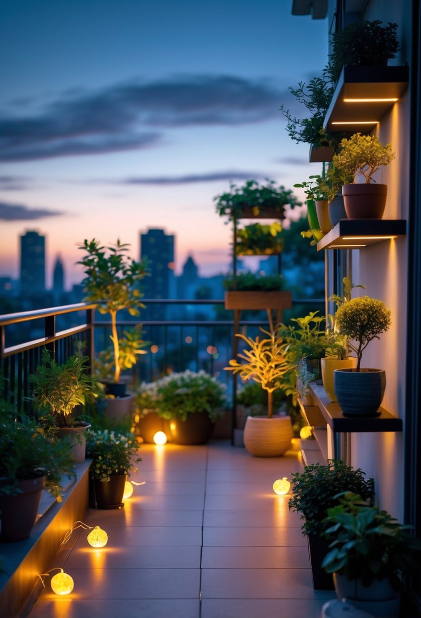 A balcony garden at dusk with green plants and decorative solar lights glowing softly.