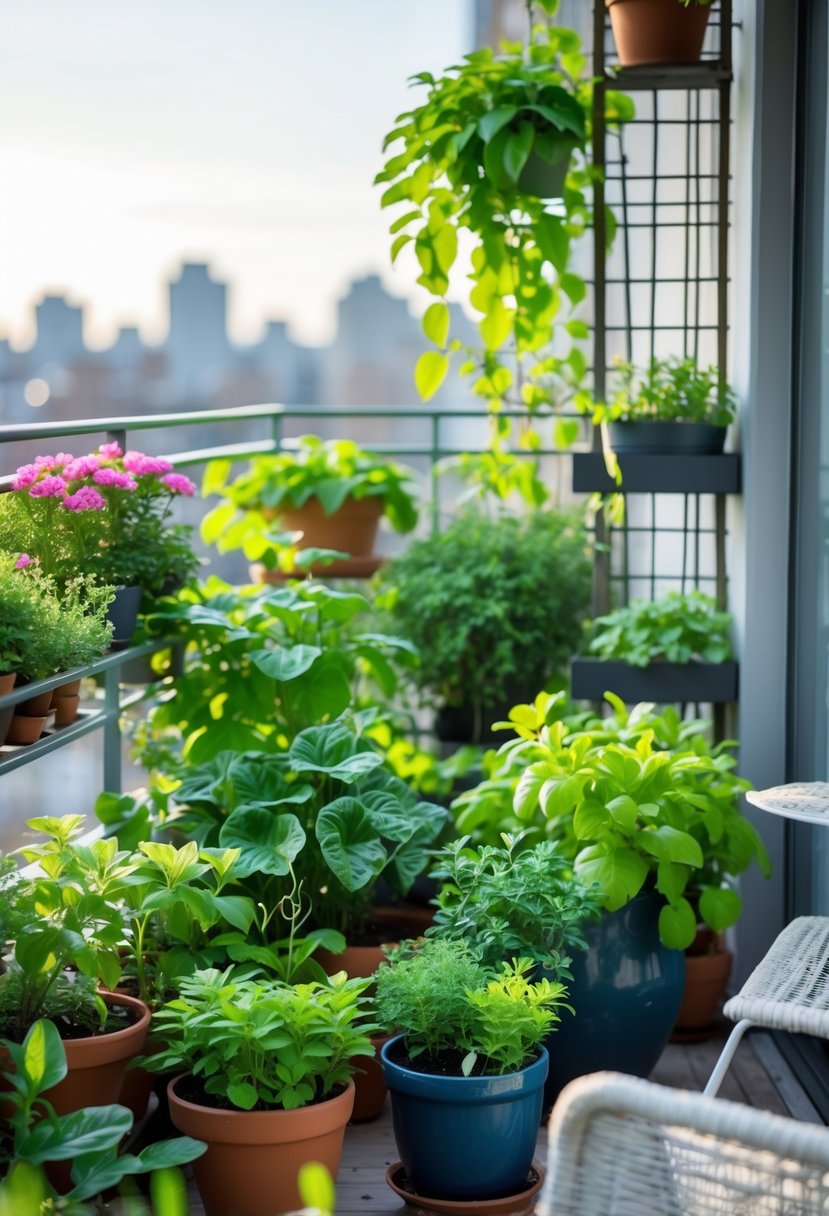 A balcony garden with various healthy plants in pots, overlooking a city view with outdoor furniture nearby.