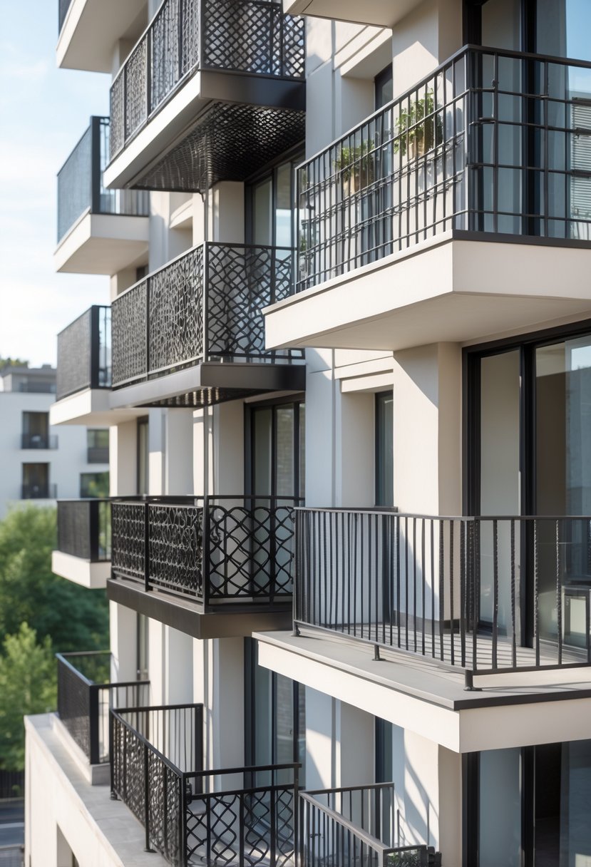 Ten different balcony grills with various metal designs on apartment balconies in an outdoor urban setting.