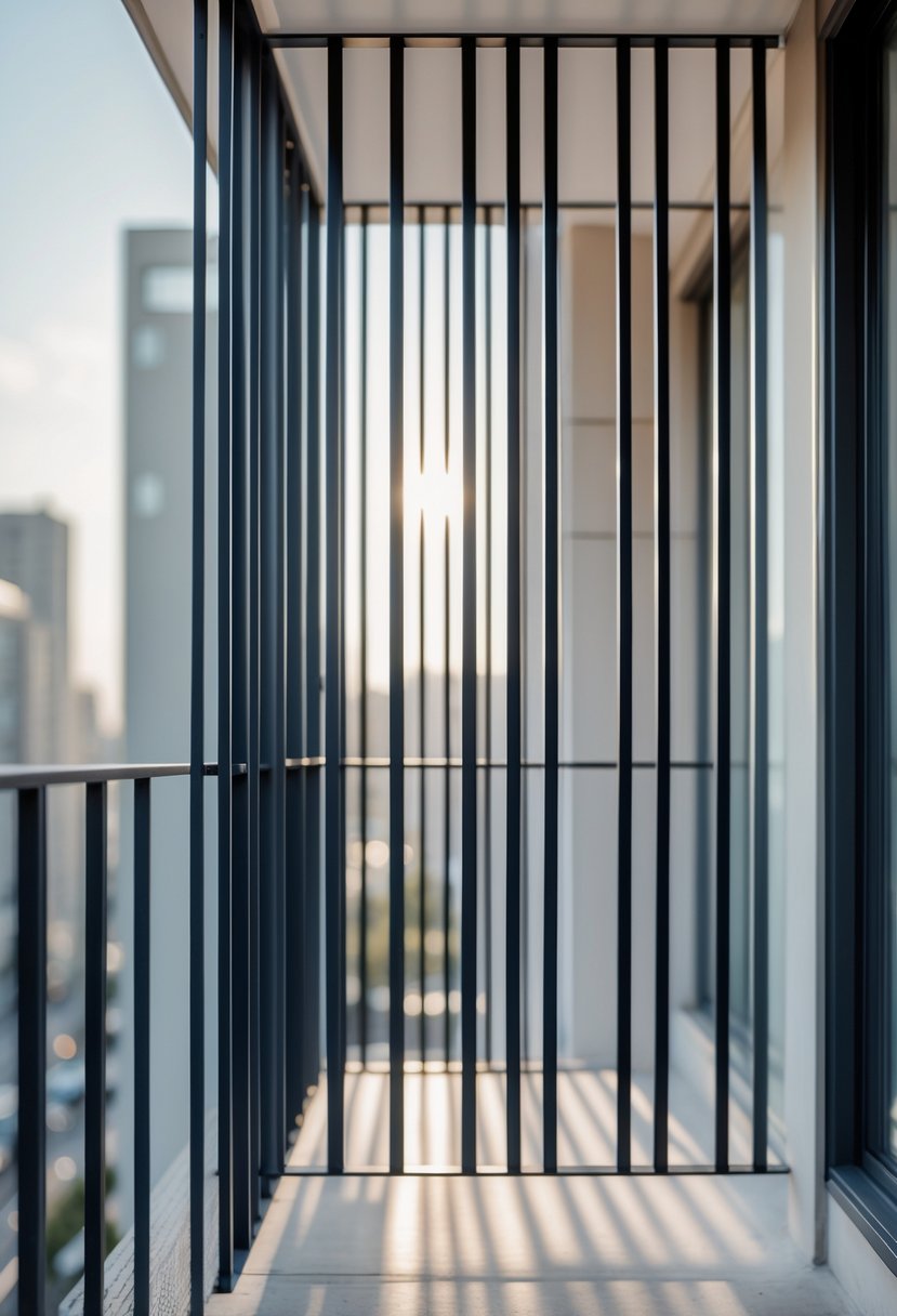 A balcony with vertical metal bars serving as a grill, overlooking a cityscape during the day.