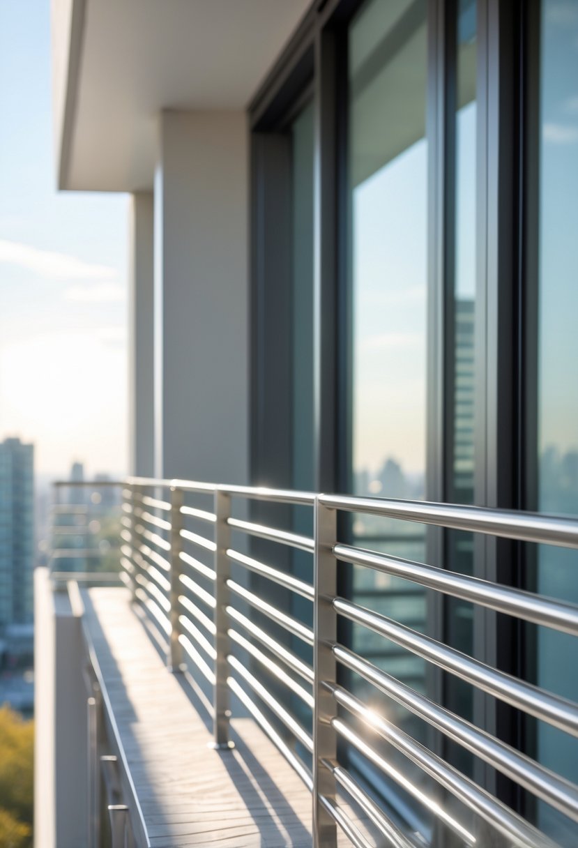 A balcony with horizontal stainless steel rods as a safety grill overlooking a cityscape.