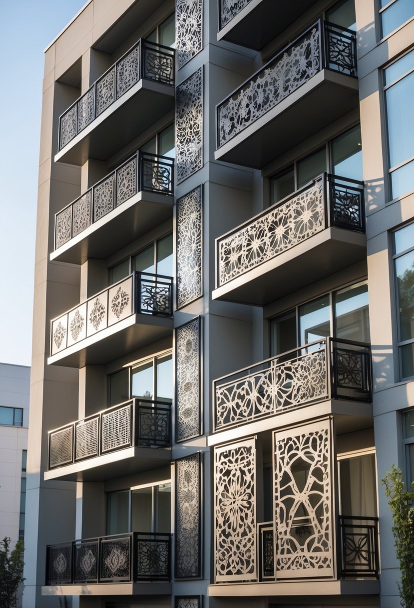 Ten balconies with decorative laser-cut metal grills on a modern building facade.