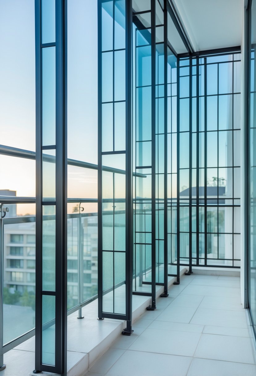 Ten balcony grills with glass panels and metal frames displayed outdoors under a clear sky.