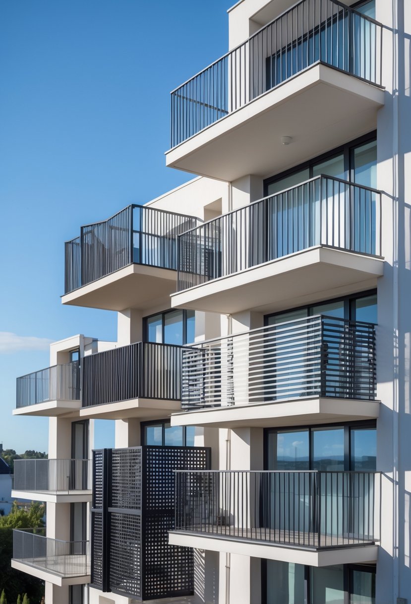 A row of balconies on a modern building, each with a different aluminium pipe grill design.