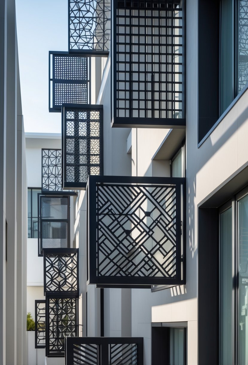 A row of balconies on a modern building, each with a unique metal grill featuring geometric cut-out patterns.