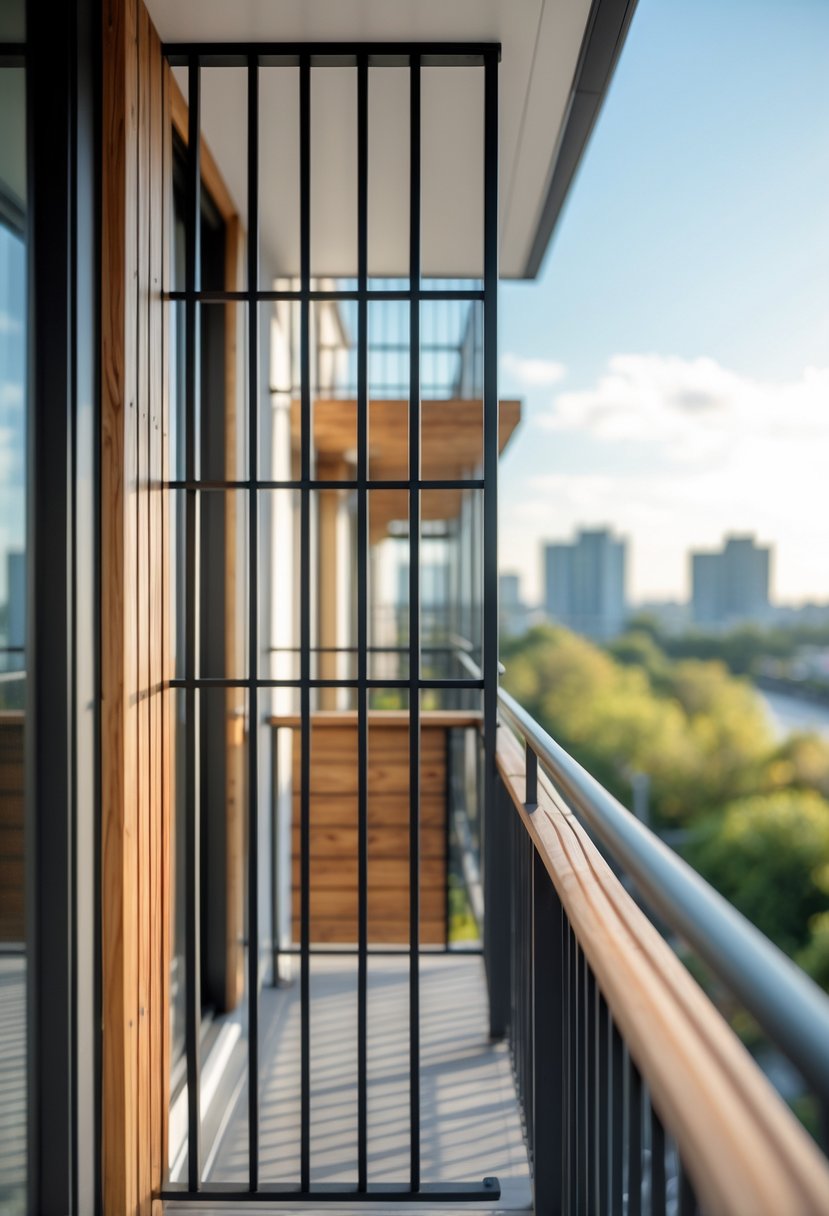 A balcony with a railing made of wood and metal materials, overlooking a blurred outdoor background.