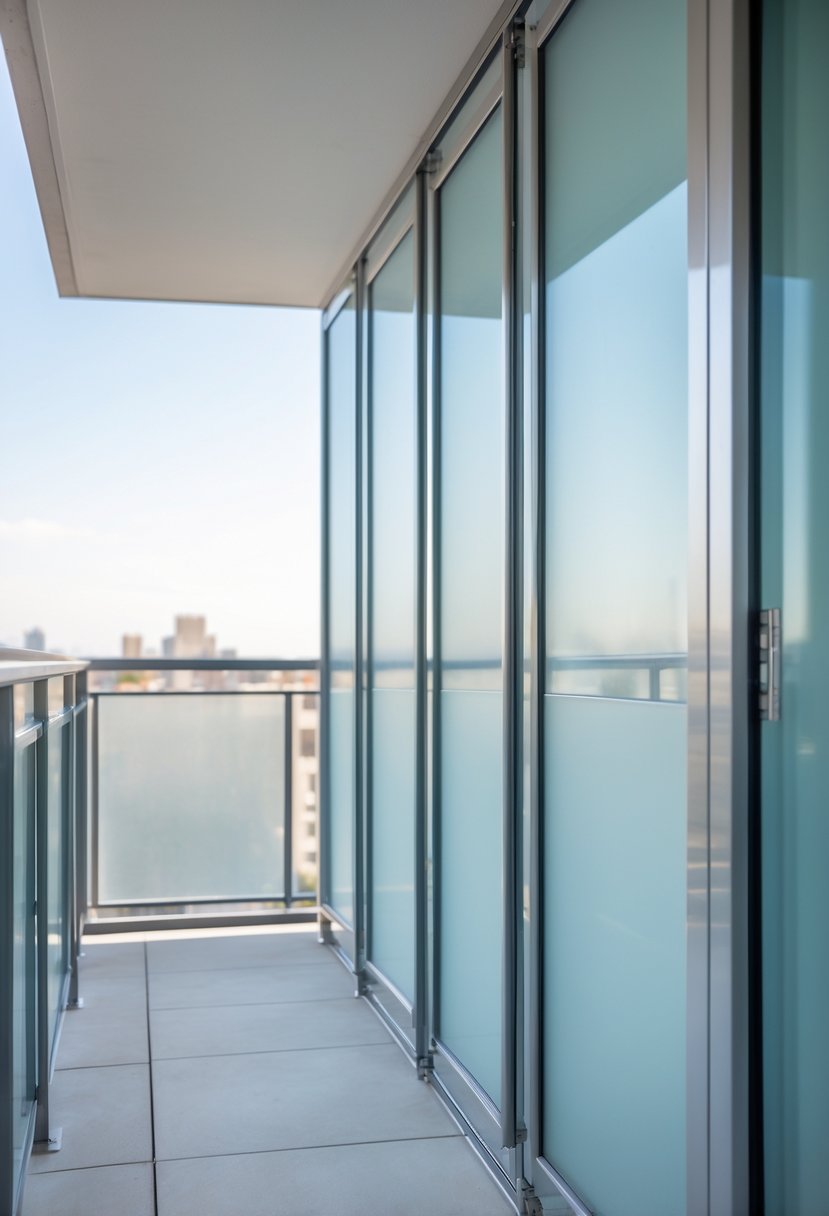 A balcony with frosted glass panels set in a steel frame, showing ten sections of the railing design.