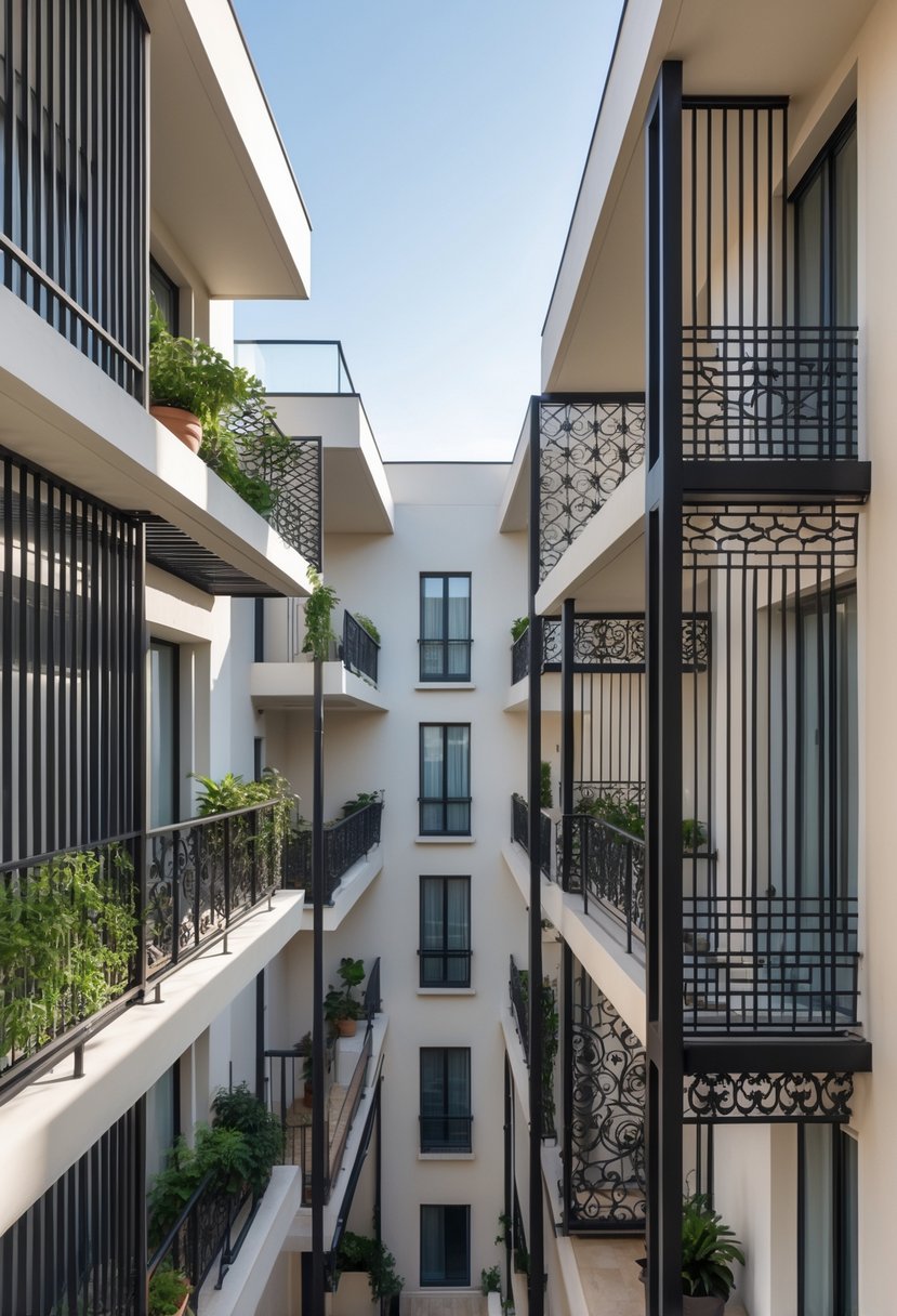 Ten different balcony grills displayed on modern apartment balconies with various designs and patterns.