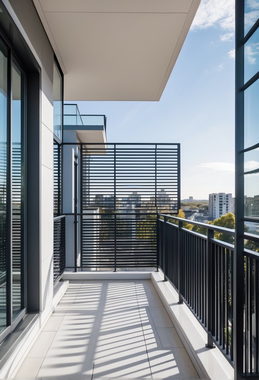 A balcony with ten different grill designs made from various materials, overlooking an urban area under a clear sky.