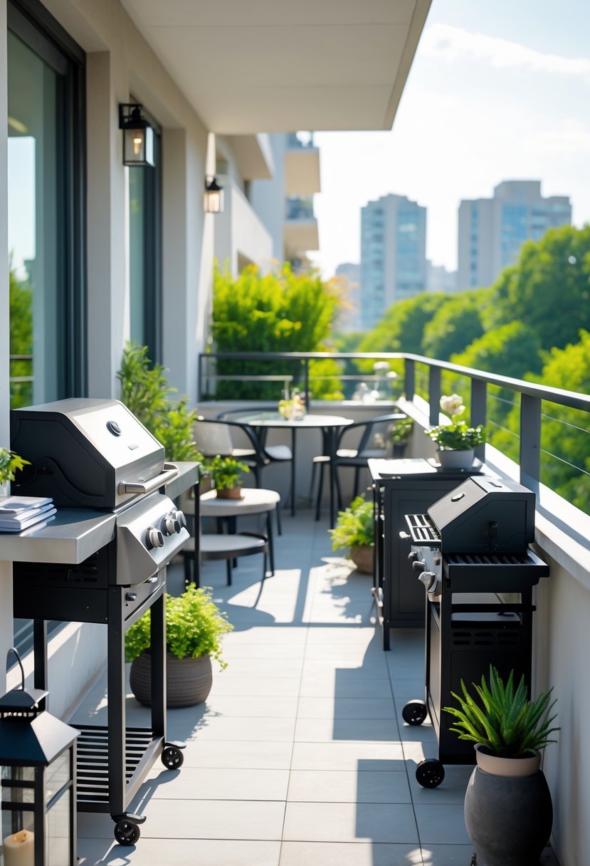 A balcony with several different types of grills and outdoor furniture under natural daylight.