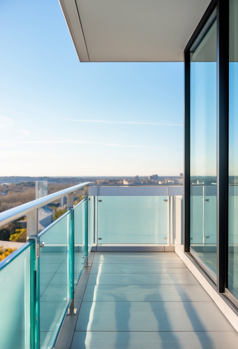 A balcony with clear glass panel railings overlooking a bright outdoor scene.