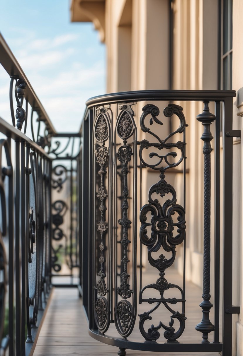 A row of ten different balcony railings made of wrought iron with detailed patterns, shown outdoors in natural light.