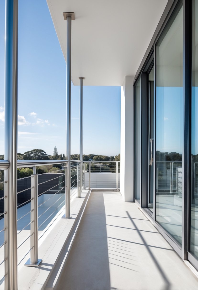 A balcony with stainless steel cable railings overlooking an outdoor area under a clear sky.