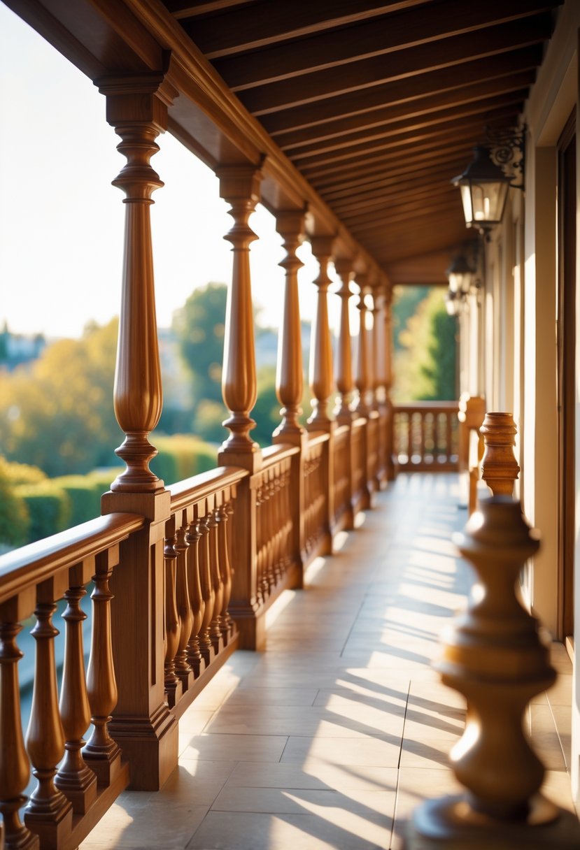 A balcony with ten different wooden baluster railings overlooking a garden or cityscape.