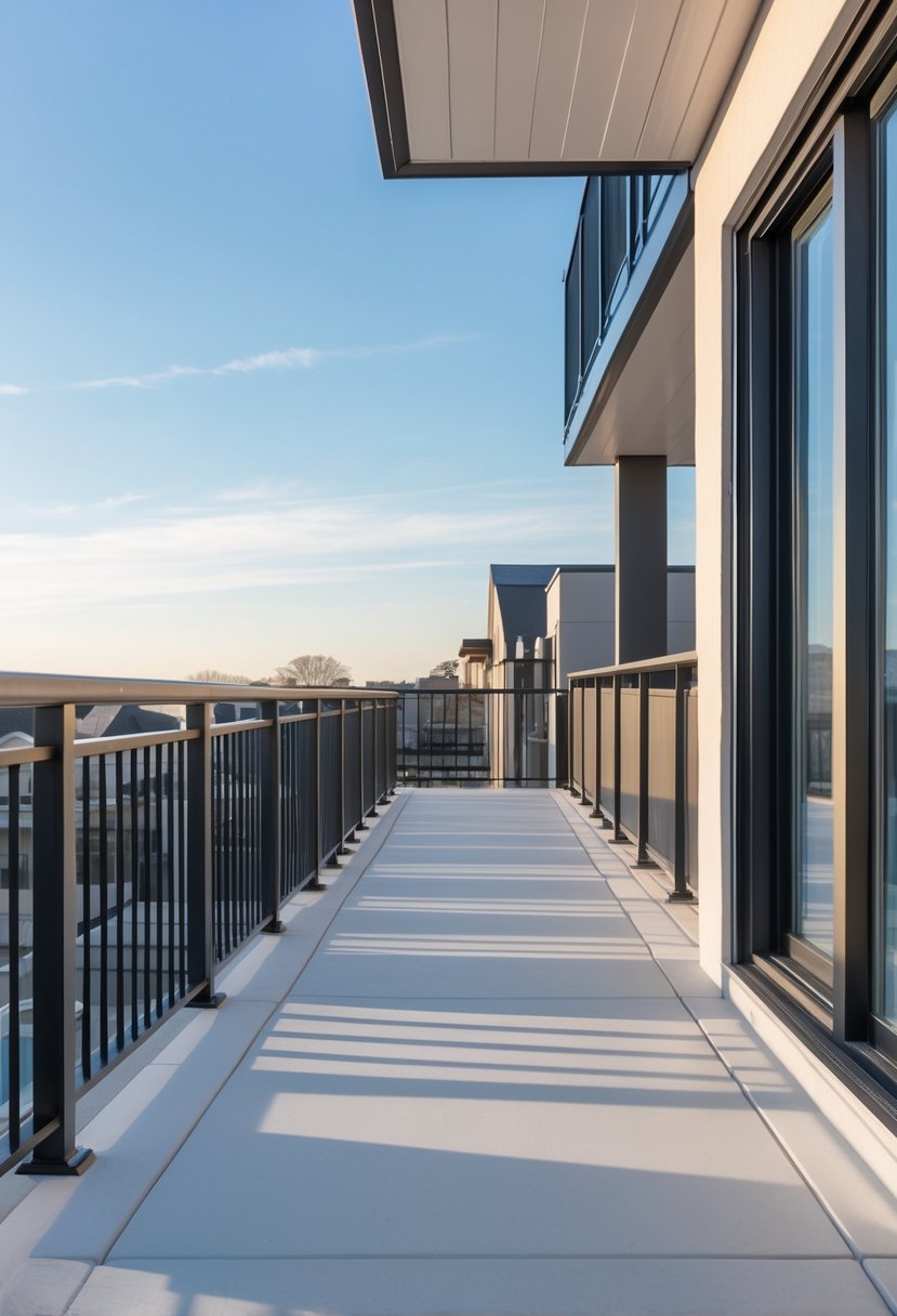 A balcony with ten different vinyl railing designs displayed outdoors in daylight.