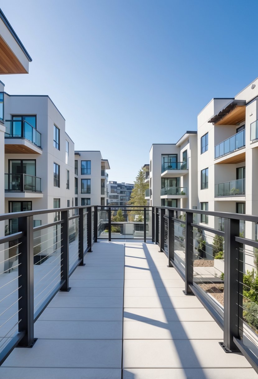 Ten different balcony railings displayed outdoors on residential buildings, showing various safe and secure designs.