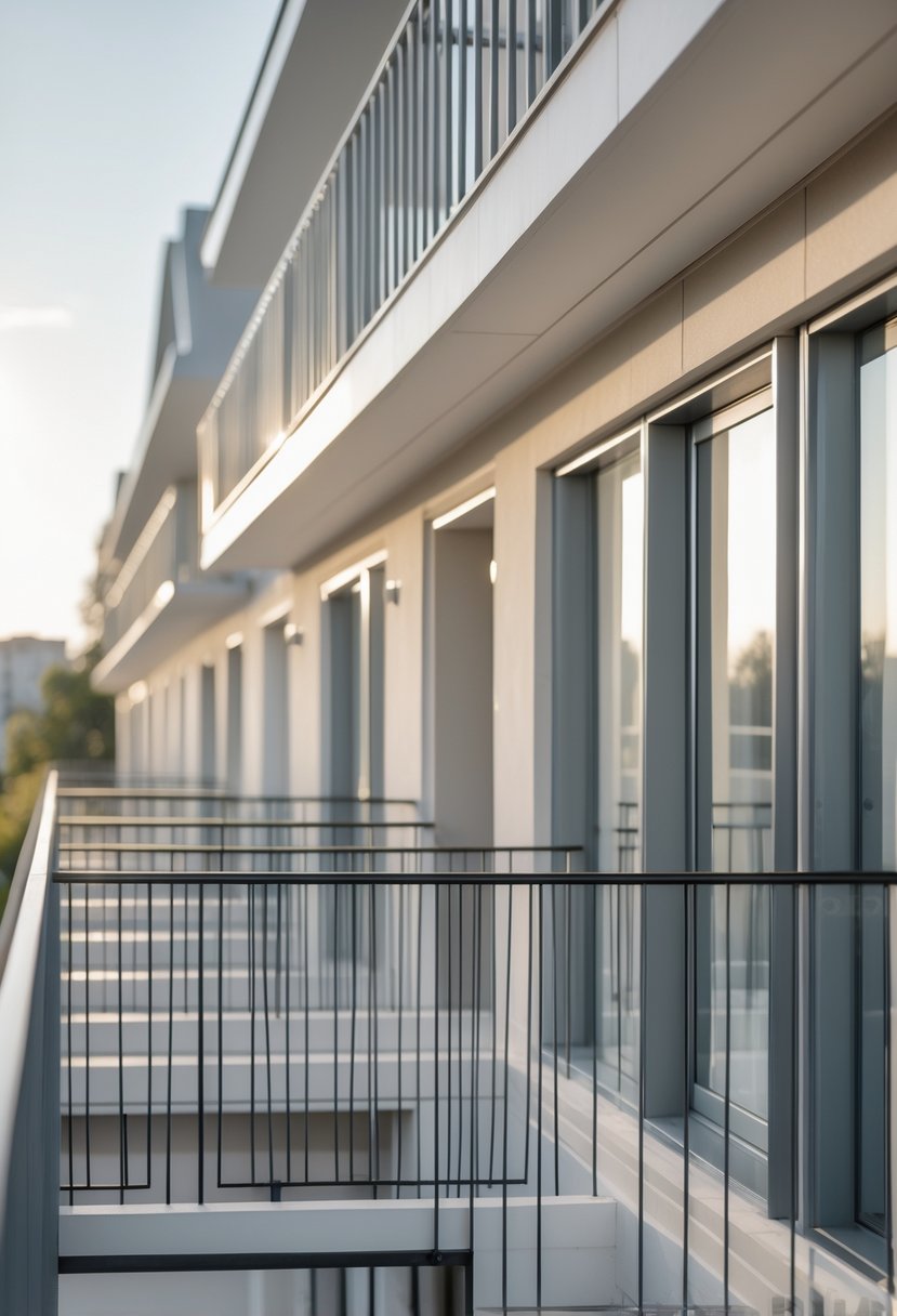 Ten different balcony railing designs displayed on small balcony sections attached to a building facade in natural daylight.