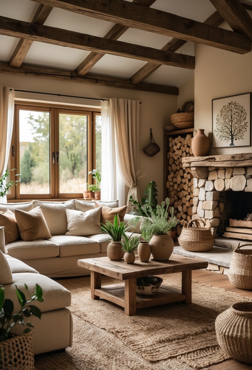 A cozy living room with wooden beams, a fireplace, comfortable seating, plants, and natural decor.