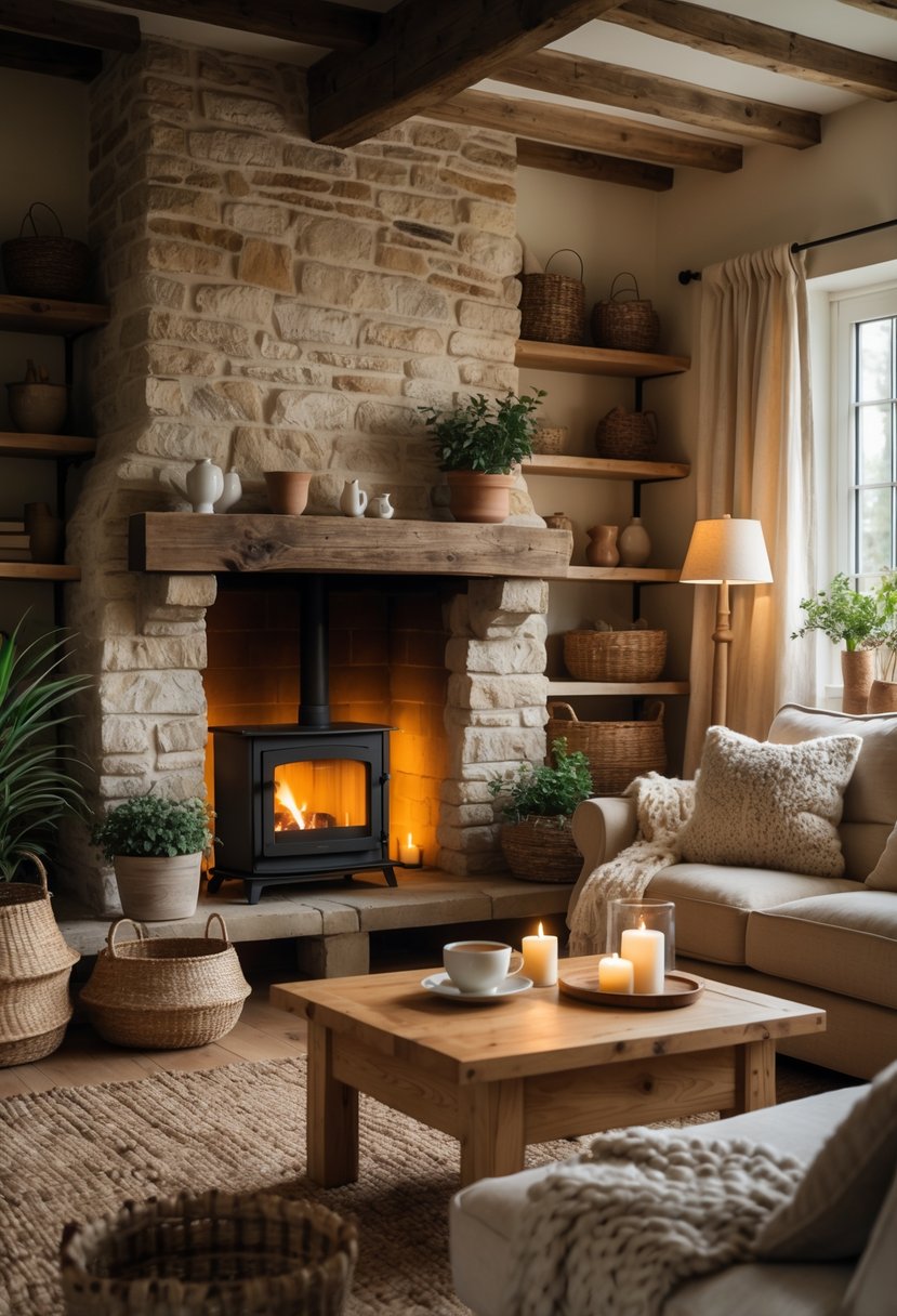 A cozy living room with a lit stone fireplace, comfortable sofa, wooden beams, plants, and soft natural lighting.
