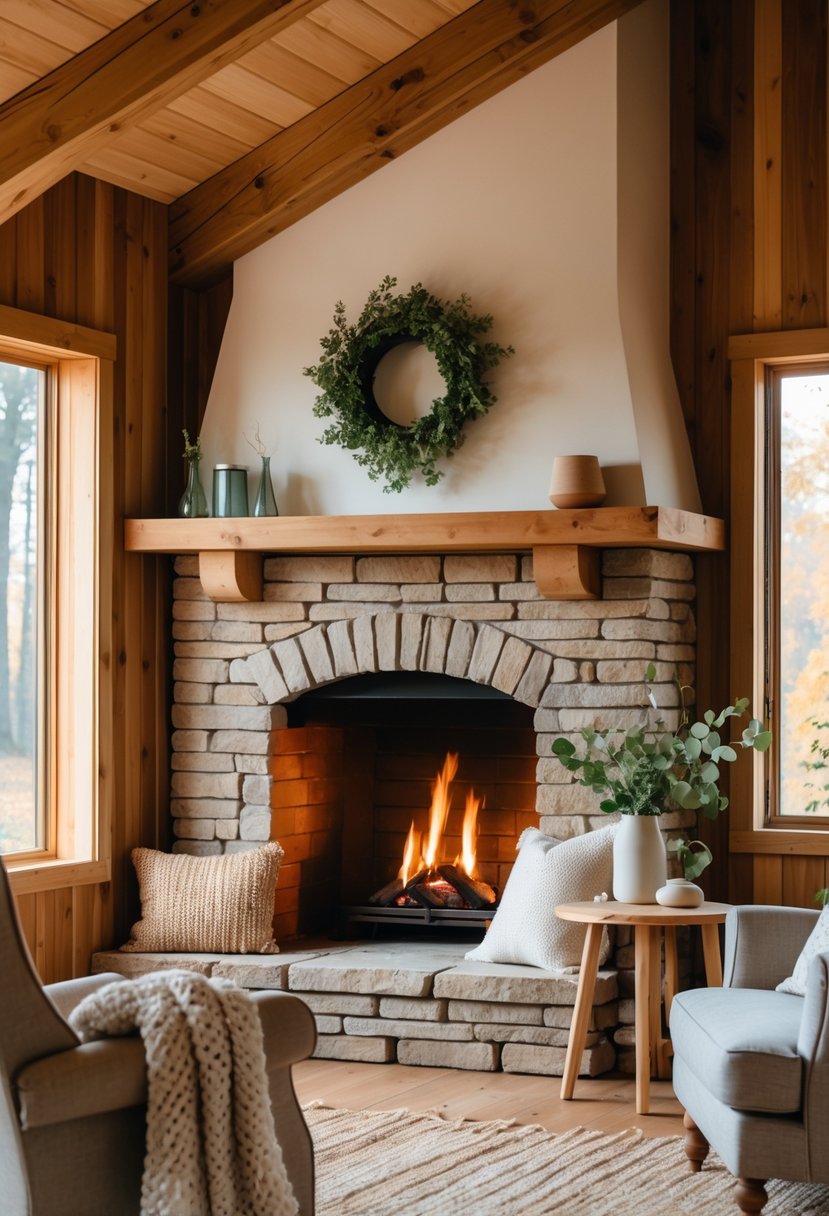 A cozy living room with a stone fireplace framed by wooden beams and warm wood paneling, featuring comfortable seating and natural light.
