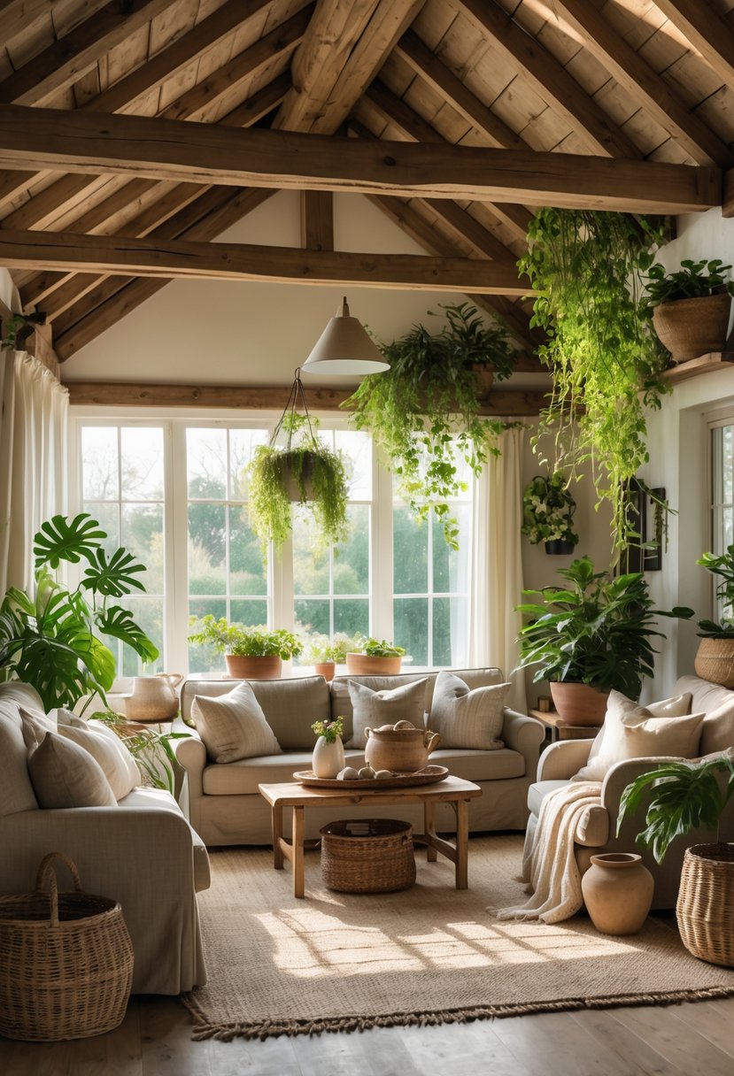 A cozy living room with sunlit wooden beams and various green plants around comfortable seating.